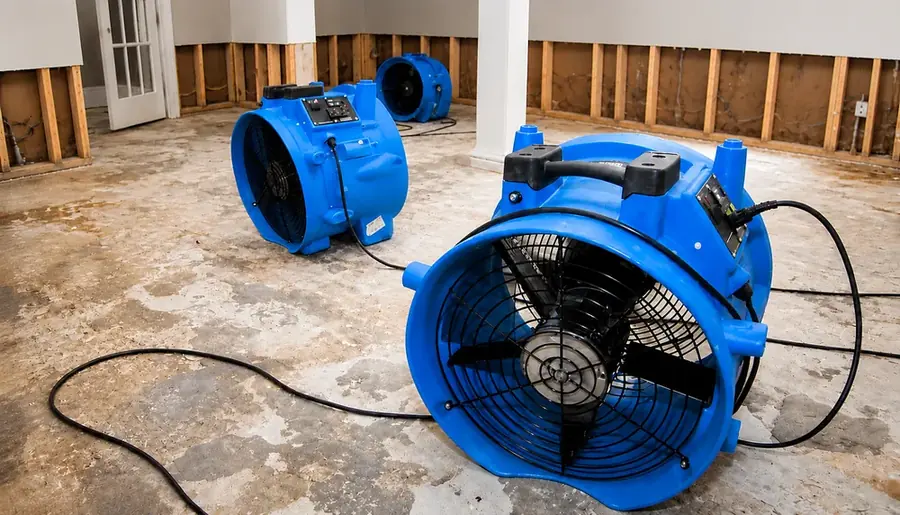 Air movers drying a gutted Agoura Hills room after a water loss